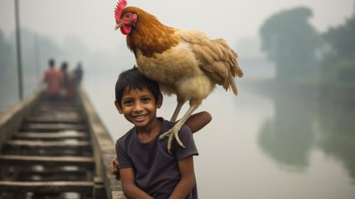 2 childeren hugging a chicken on a bridge up in Bangladesh