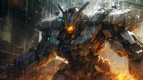 Mecha fight anime rain