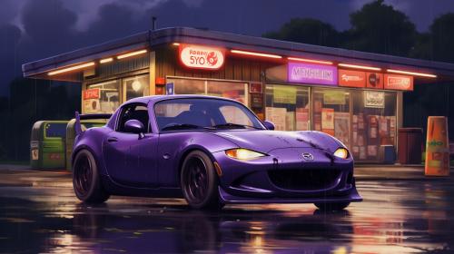 a purple mazda miata in the rain with a gas station in the back