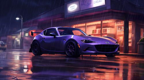 a purple mazda miata in the rain with a gas station in the back