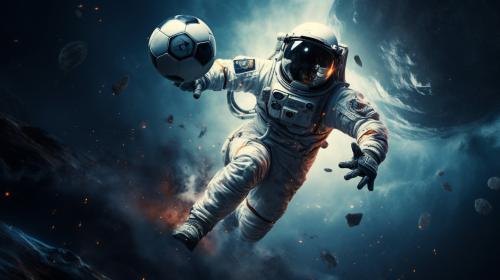 An astronout playing football in space