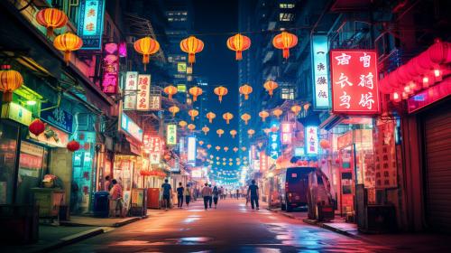 Hong kong neon lights at night street viewHanging lanterns