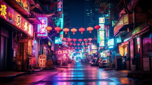 Hong kong neon lights at night street viewHanging lanterns