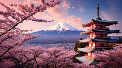 Japan mt fuji cherry blossom trees templeDragon fying is sky background