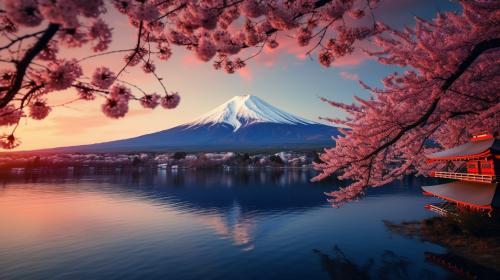 Japan sunet over mt fuji chrry blossom trees dragon in sky background