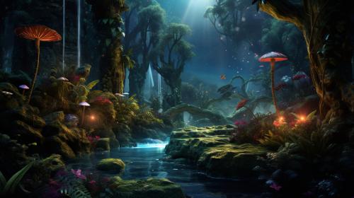 Lush jungle with waterfalls, mist, glow bugs,mushrooms