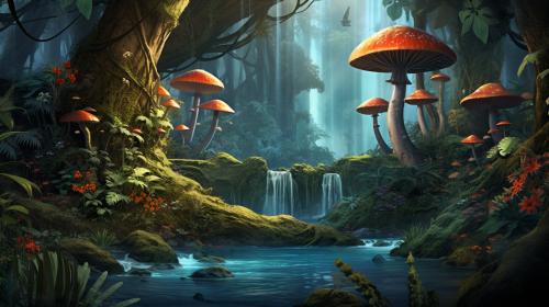 Lush jungle with waterfalls, mist, glow bugs,mushrooms