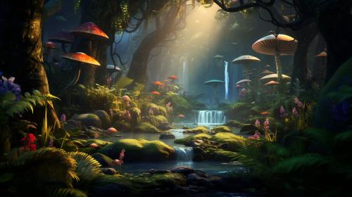 Lush jungle with waterfalls, mist, glow bugs,mushrooms