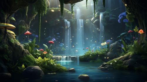 Lush jungle with waterfalls, mist, glow bugs,mushrooms