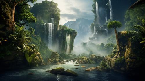 Lush jungle with waterfalls, mist