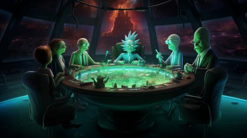 rick and morty sitting at a discussion table with walter white and jesse from breaking bad along with heath ledgers joker, the Riddler, Darth Vader, and the characters pinky and the brain from the old cartoon discussing taking over the world ultra realistic 4k