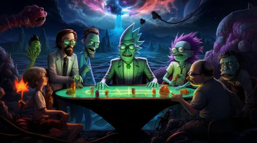 rick and morty sitting at a discussion table with walter white and jesse from breaking bad along with heath ledgers joker, the Riddler, Darth Vader, and the characters pinky and the brain from the old cartoon discussing taking over the world ultra realistic 4k