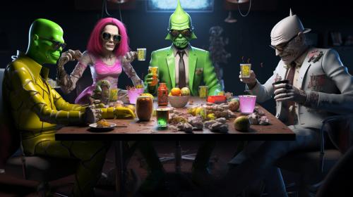 Rick and Morty, Walter white, and Jesse from breaking bad along The Joker, the Riddler, Darth Vader, pinky and The Brain all sitting at a table  discussing taking over the world ultra realistic 4k photo realistic