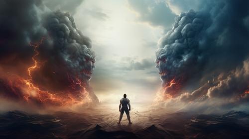 A man struggling with his thoughts good vs. evil fighting a battle above him, 4k resolution