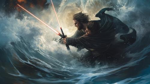 Darth Anakin fighting Obiwan misty storm waves crashing