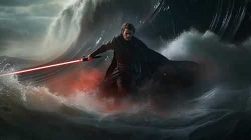 Darth Anakin fighting Obiwan misty storm waves crashing