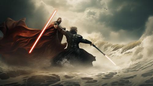 Darth Anakin fighting Obiwan misty storm waves crashing