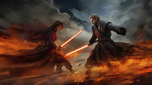 Sith Anakin fighting Obiwan misty storm