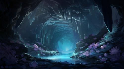 Geode cavern with misty water and biolumenesent frogs