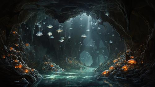 Crystal cave with water and crystal frogs