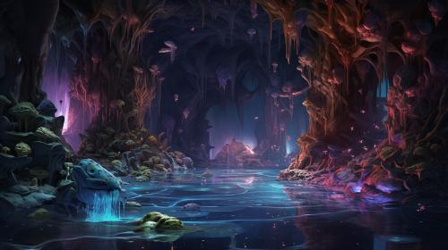 Crystal cave with water and crystal frogs