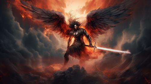 Archangel Michael fighting Satan in the clouds, with lighting and blood moon in background.