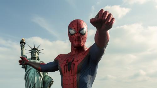 All three live action Spiderman on top of statue of liberty.