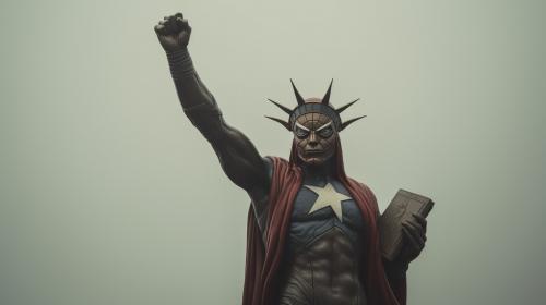 All three live action Spiderman on top of statue of liberty.