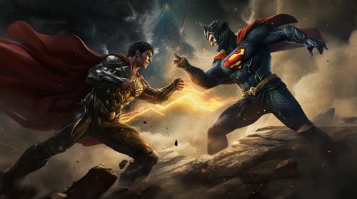 Mortal kombat vs dc universe fighting in the milky way galaxy with superman and scorpion in the for front.