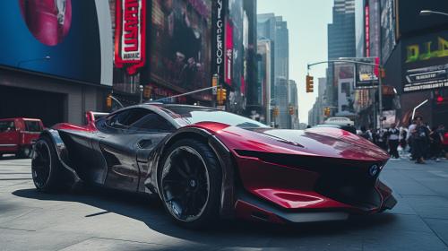 Deadpool driving a Lamborghini through times square on a bright and busy day