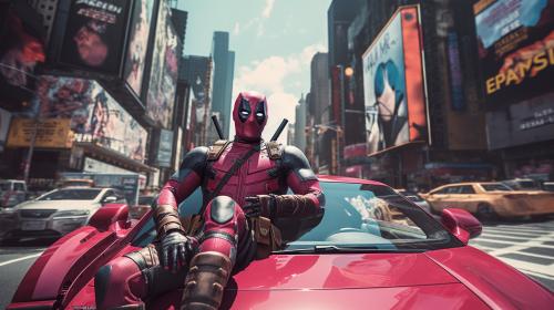 Deadpool driving a Lamborghini through times square on a bright and busy day