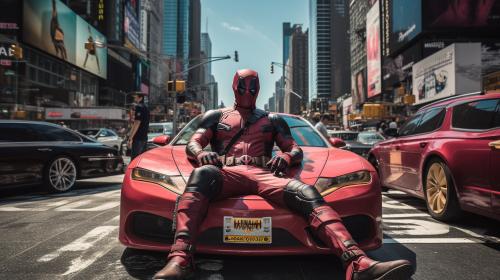 Deadpool driving a Lamborghini through times square on a bright and busy day