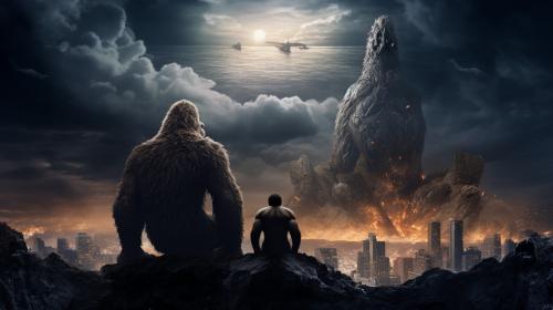 King kong and godzilla sitting on the moon staring at the earth