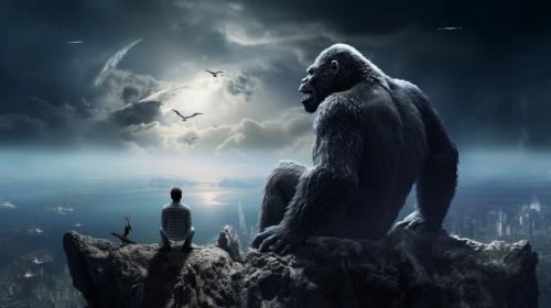 King kong and godzilla sitting on the moon staring at the earth