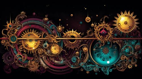 blend vibrant cosmic elemants with intricate steampunk machinery set against a twilight backdrop. Incorporate celestial bodies, interwoven with gears, and closckwork mechanisms. Let the gears appear as they're turning the fabric of the universe. Ensure the overall composition of a fusion of the mystical and mechanical.