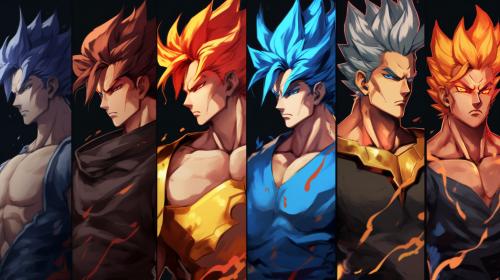 Vegito, dragon ball z, dragon ball super, dragon ball heros. Blue hair, black hair, brown hair,yellow hair, different versions of vegito, potara earings.