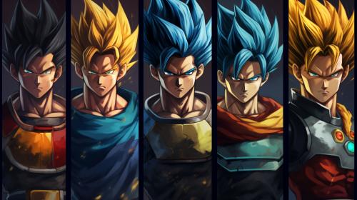 Vegito, dragon ball z, dragon ball super, dragon ball heros. Blue hair, black hair, brown hair,yellow hair, different versions of vegito, potara earings.