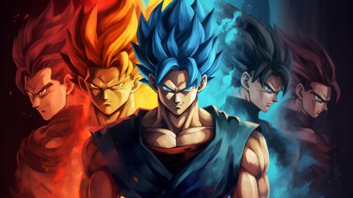 Vegito, dragon ball z, dragon ball super, dragon ball heros. Blue hair, black hair, brown hair,yellow hair, different versions of vegito, potara earings.