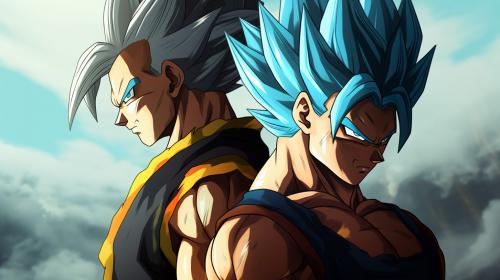 Vegito and gogeta, dragon ball z, dragon ball super. Blue hair, side by side, masterpiece, teamwork, fighting stance, gogeta has a vest that is black and on the shoulder guards are yellow, vegito has earings on his ears