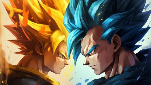 Vegito and gogeta, dragon ball z, dragon ball super. Blue hair, side by side, masterpiece, teamwork, fighting stance, gogeta has a vest that is black and on the shoulder guards are yellow, vegito has earings on his ears