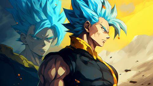 Vegito and gogeta, dragon ball z, dragon ball super. Blue hair, side by side, masterpiece, teamwork, fighting stance, gogeta has a vest that is black and on the shoulder guards are yellow, vegito has earings on his ears