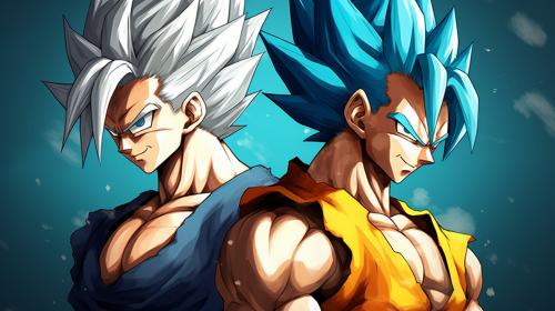 Vegito and gogeta, dragon ball z, dragon ball super. Blue hair, side by side, masterpiece, teamwork, fighting stance, gogeta has a vest that is black and on the shoulder guards are yellow, vegito has earings on his ears