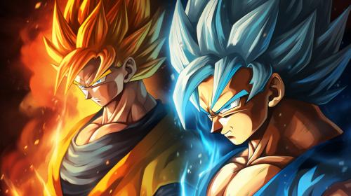 Vegito and gogeta, dragon ball super. Both are using super saiyan blue, side by side, masterpiece, teamwork, cool poses, rivals, shining aura, outfits from the anime, gogeta has a vest that is black and on the shoulder guards are yellow, gogeta has 1 hair bang, vegito has 2 hair bangs