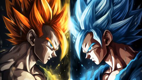 Vegito and gogeta, dragon ball super. Both are using super saiyan blue, side by side, masterpiece, teamwork, cool poses, rivals, shining aura, outfits from the anime, gogeta has a vest that is black and on the shoulder guards are yellow, gogeta has 1 hair bang, vegito has 2 hair bangs