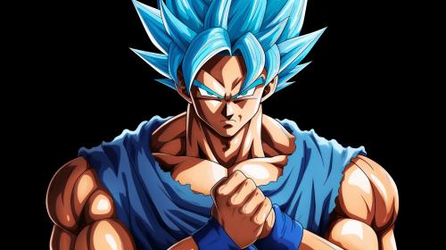 Vegito from dragon ball z, arms crossed, blue hair, masterpiece , goku and vegeta in background, transparent background, confident, cocky, shining blue aura, muscles, potara earings from dragon ball z on both of vegitos ears,