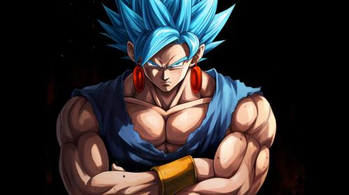 Vegito from dragon ball z, arms crossed, blue hair, masterpiece , goku and vegeta in background, transparent background, confident, cocky, shining blue aura, muscles, potara earings from dragon ball z on both of vegitos ears,