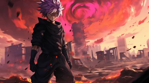 Goku black, divine, pink hair, godly purple aura, destroyed city, pose, dynamic, flames, smug, merciless, HD, dragon ball super, masterpiece