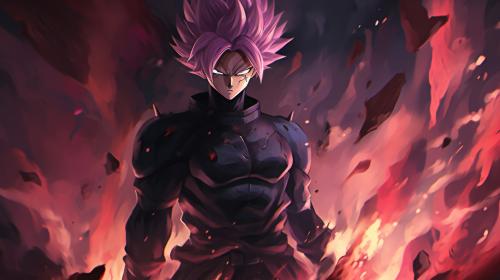 Goku black, divine, pink hair, godly purple aura, destroyed city, pose, dynamic, flames, smug, merciless, HD, dragon ball super, masterpiece, evil, shining purple aura, goku black gi, divine justice, blood,