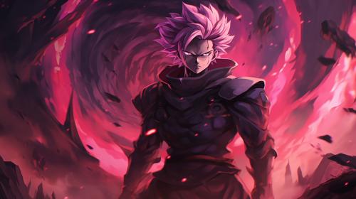 Goku black, divine, pink hair, godly purple aura, destroyed city, pose, dynamic, flames, smug, merciless, HD, dragon ball super, masterpiece, evil, shining purple aura, goku black gi, divine justice, blood,