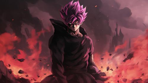 Goku black, divine, pink hair, godly purple aura, destroyed city, pose, dynamic, flames, smug, merciless, HD, dragon ball super, masterpiece, evil, shining purple aura, goku black gi, divine justice, blood,